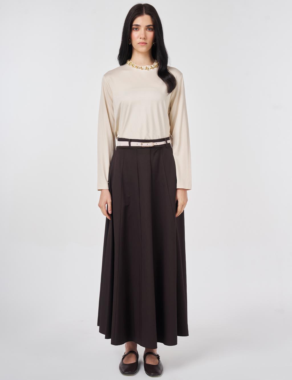 High-Waisted Skirt with Belt Detail Dark Brown