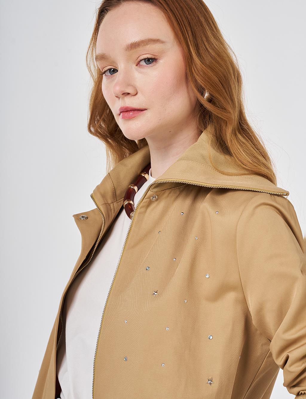 Wide Neck Hotfix Print Jacket Beige