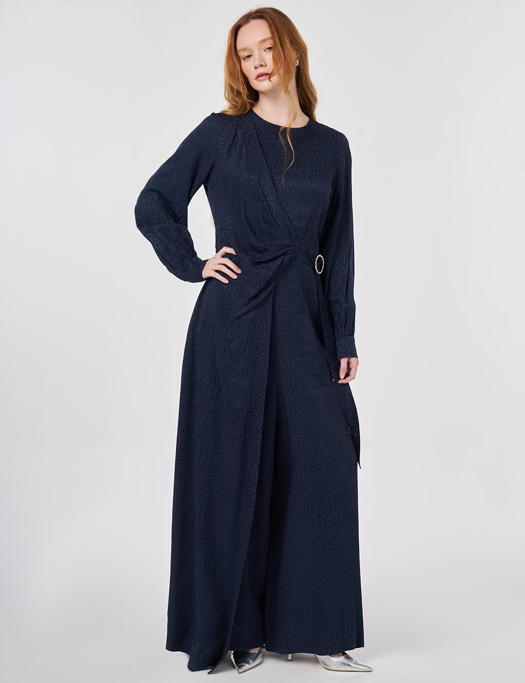 Buckle Detailed Jacquard Viscose Jumpsuit Dark Navy