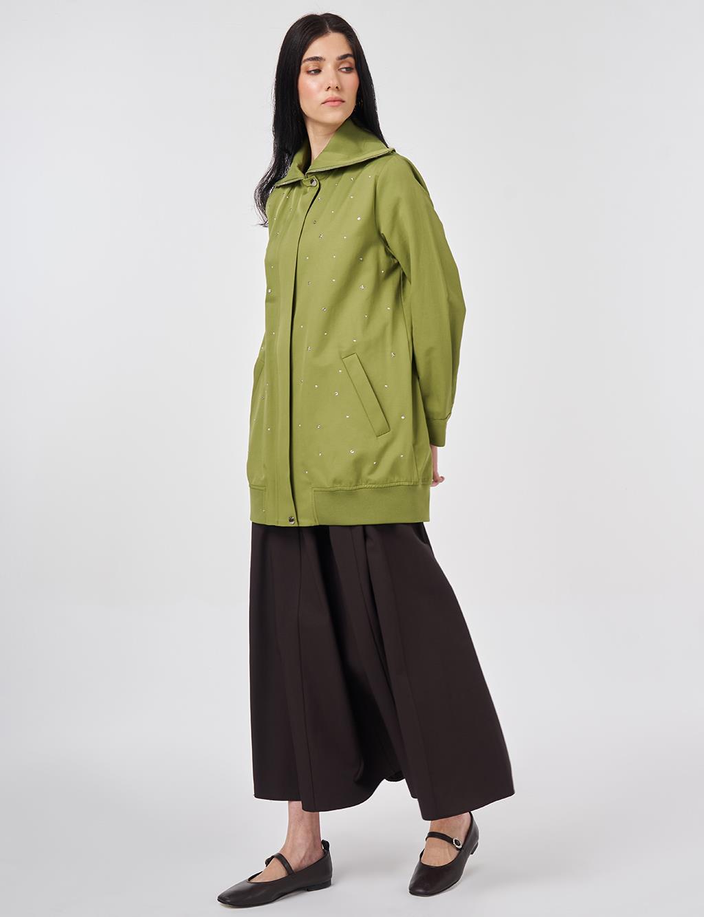 Wide Neck Hotfix Print Jacket Matcha Green