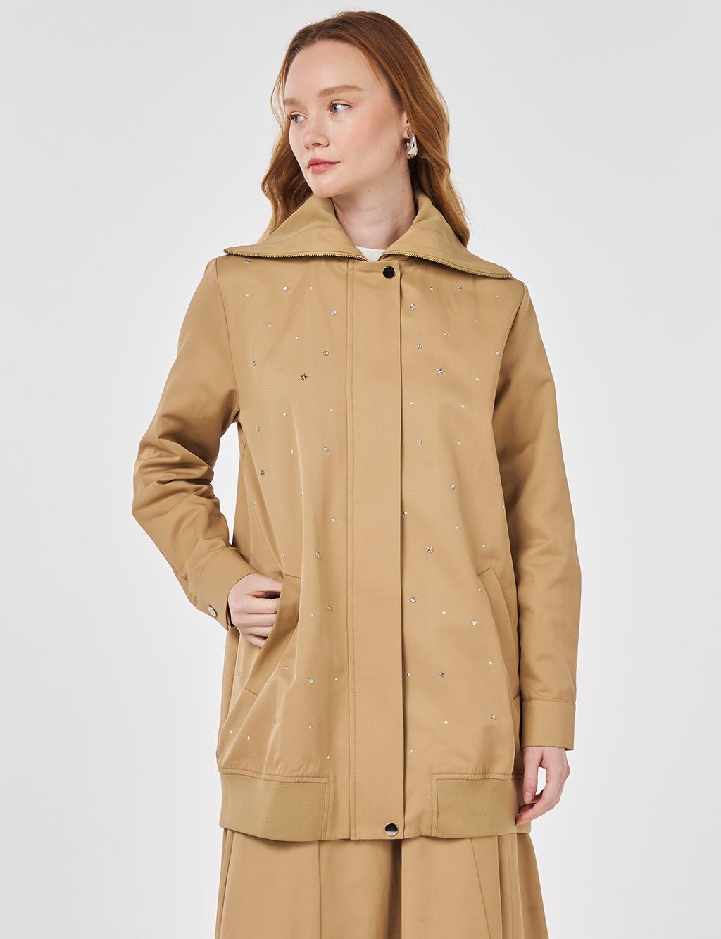 Wide Neck Hotfix Print Jacket Beige