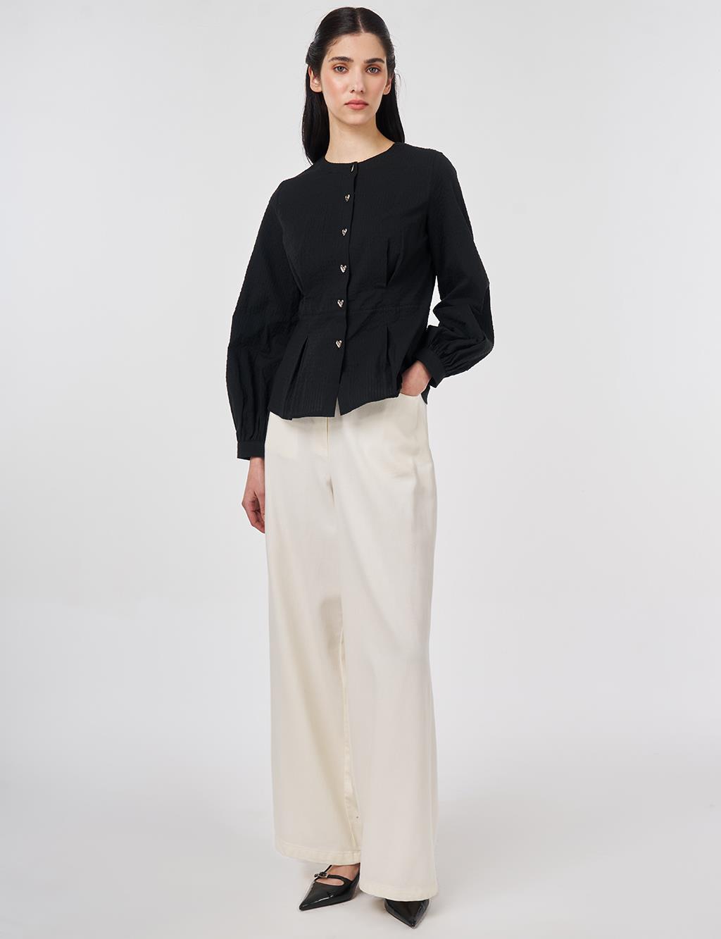 %100 Pamuklu Pile Detaylı Bluz Siyah