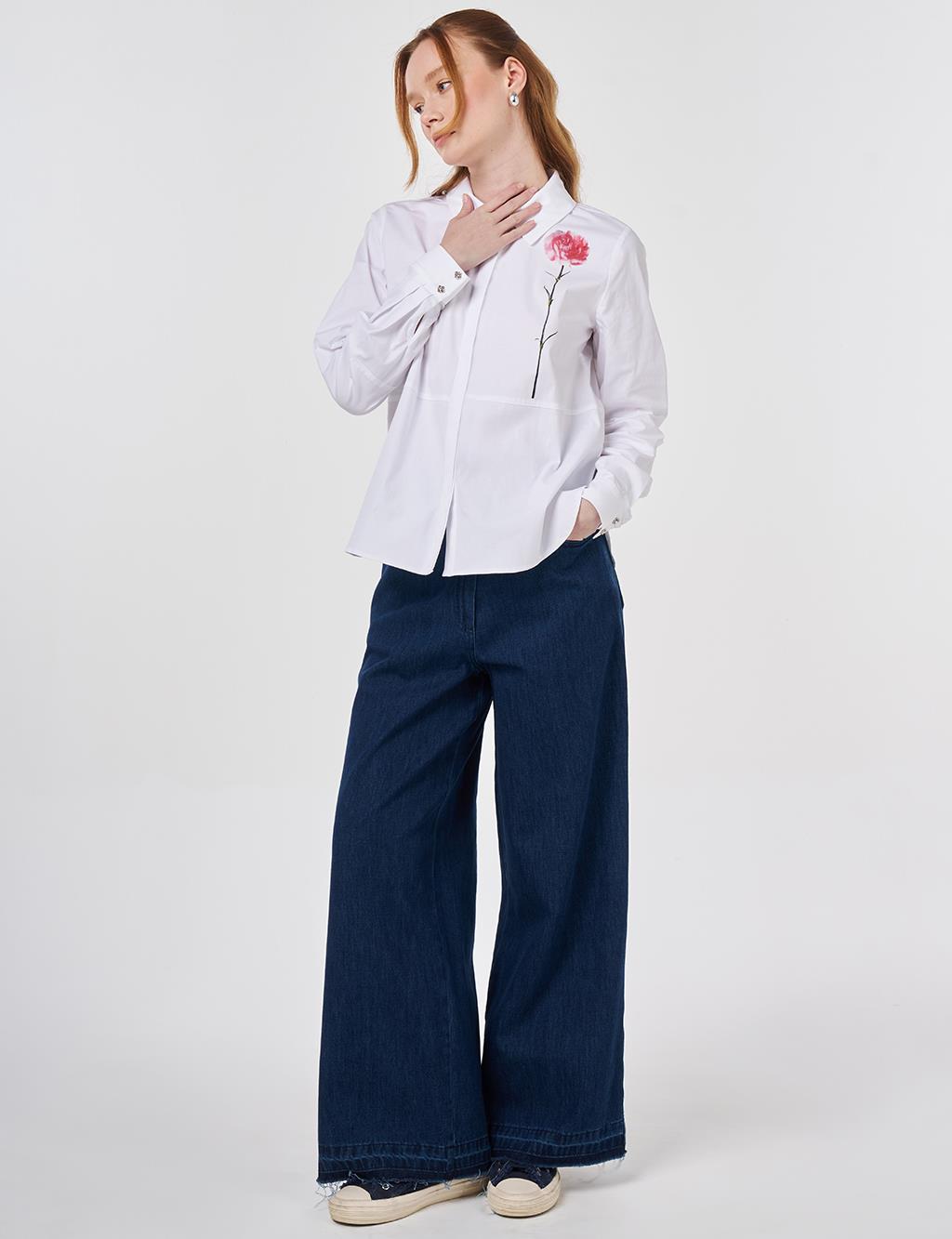 Floral Print Detail Cotton Blouse Optical White 