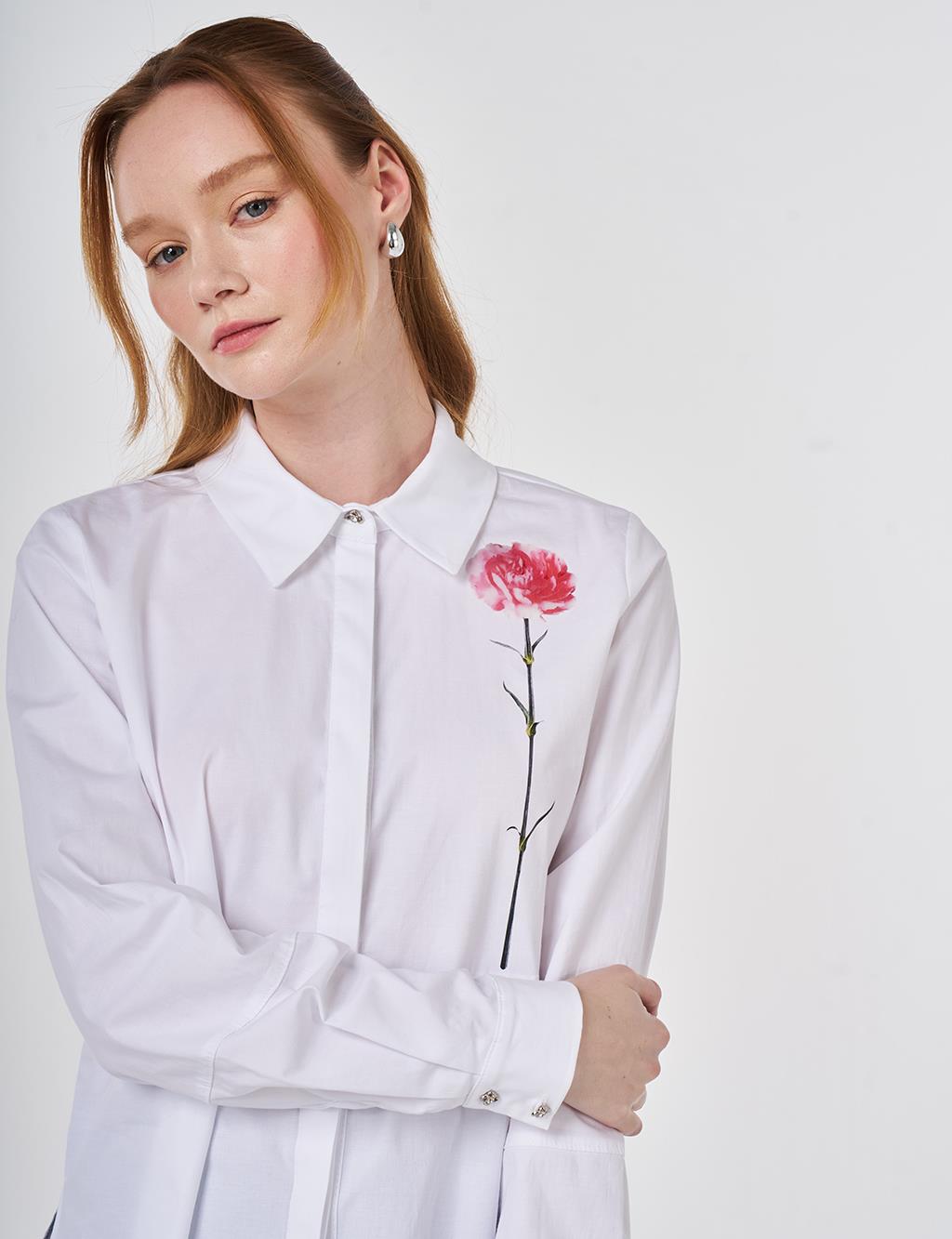 Floral Print Detail Cotton Blouse Optical White 