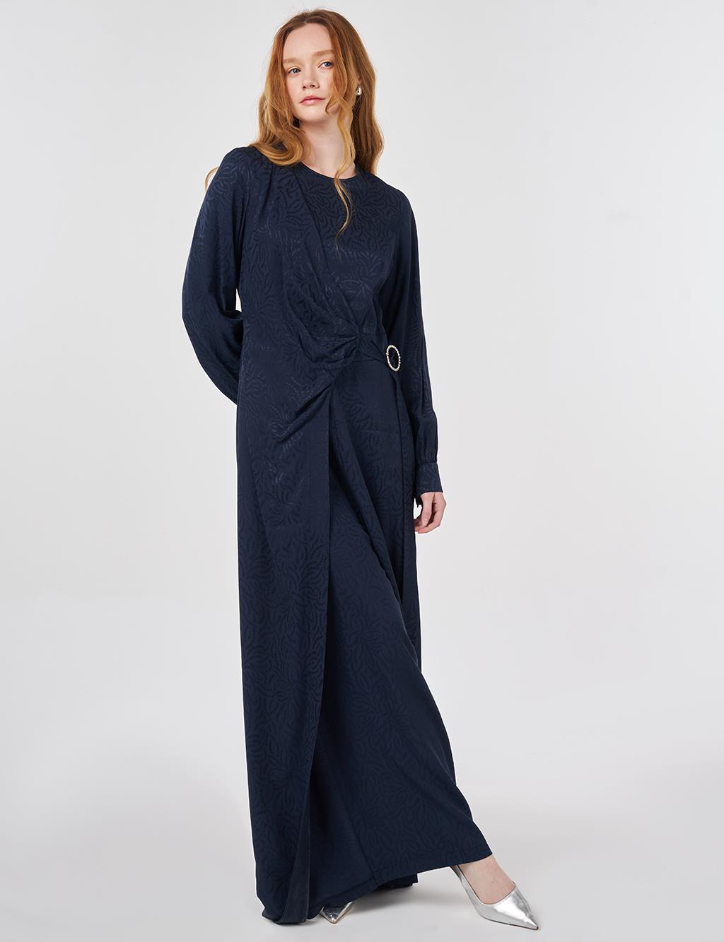 Buckle Detailed Jacquard Viscose Jumpsuit Dark Navy