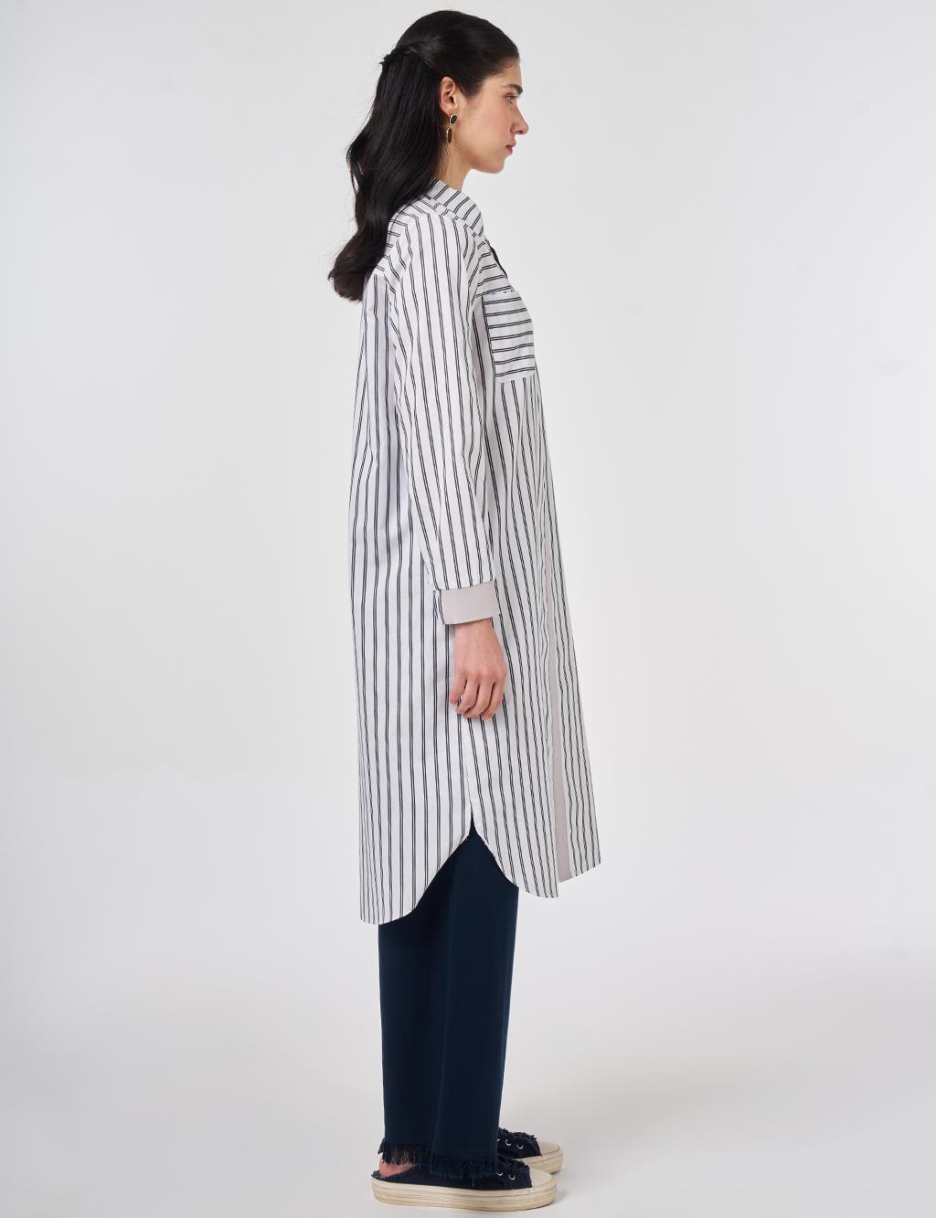 Çizgi Desen Pamuklu Uzun Tunik Siyah