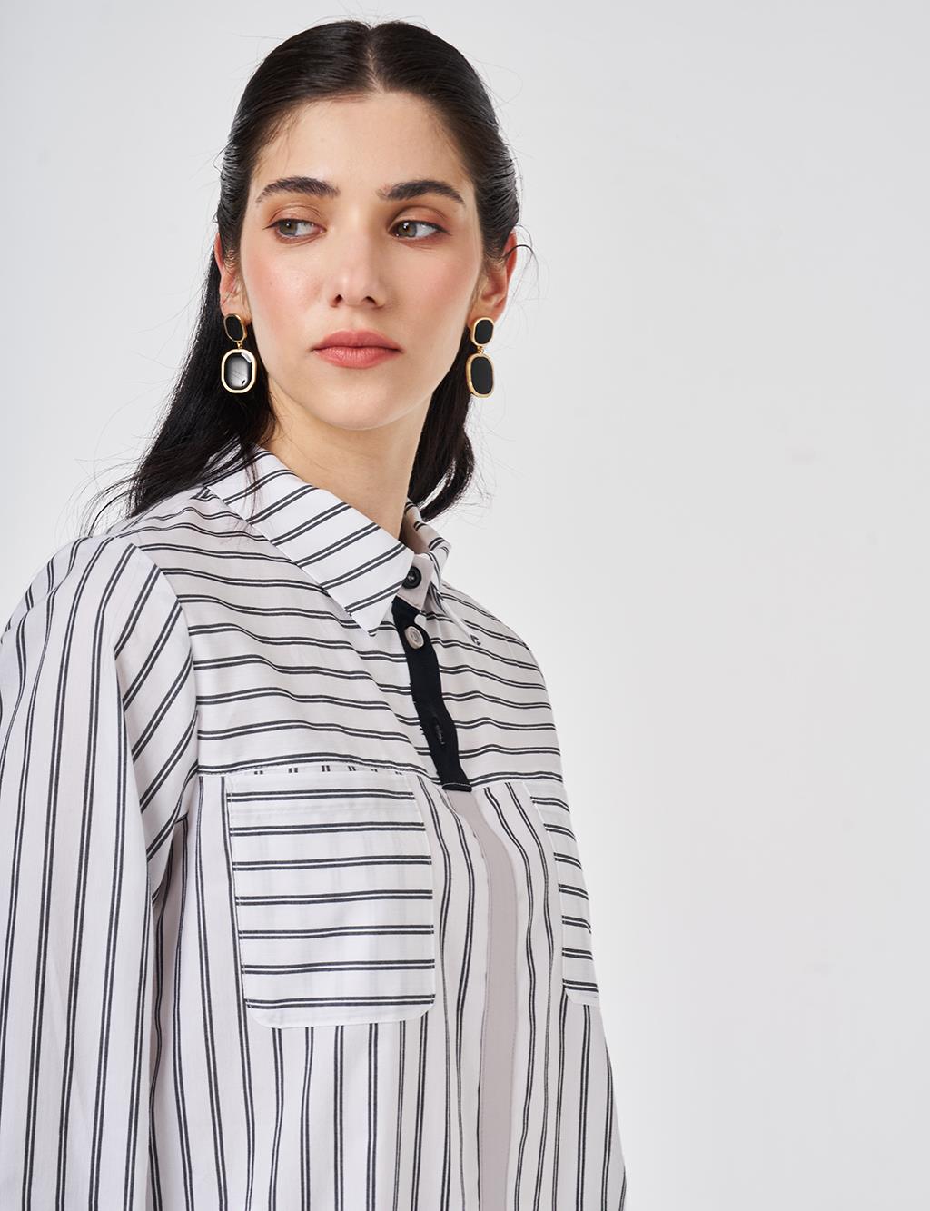 Çizgi Desen Pamuklu Uzun Tunik Siyah