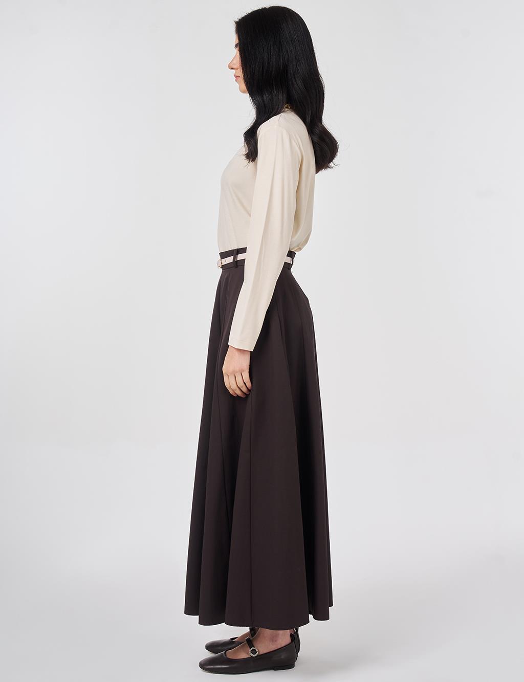 High-Waisted Skirt with Belt Detail Dark Brown