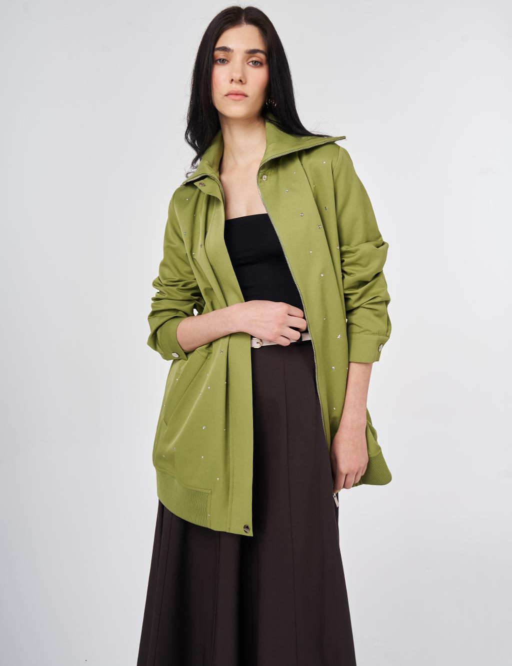 Wide Neck Hotfix Print Jacket Matcha Green