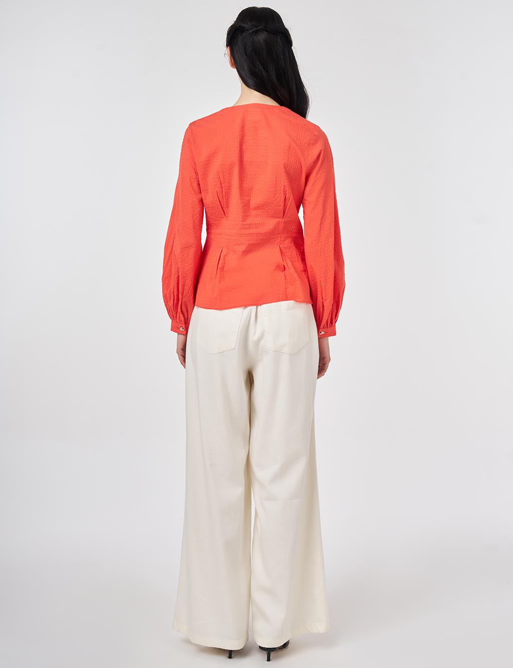 100% Cotton Pleated Detail Blouse Coral