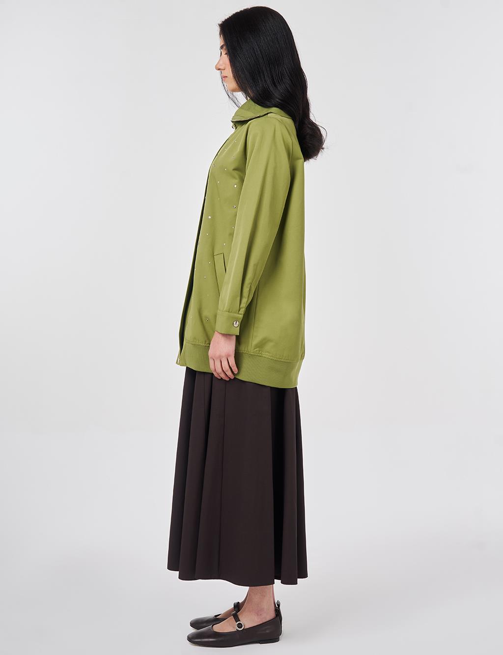 Wide Neck Hotfix Print Jacket Matcha Green