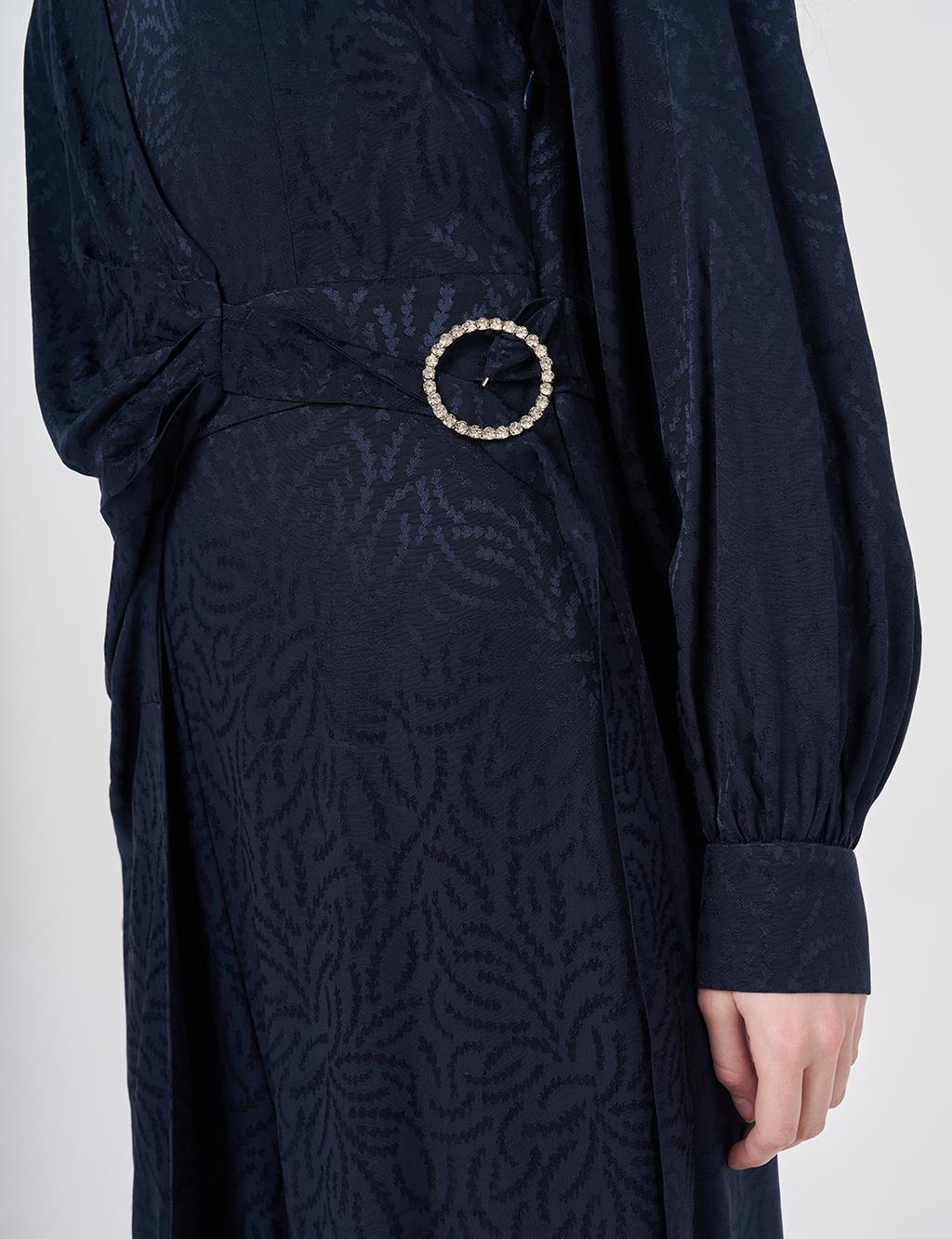 Buckle Detailed Jacquard Viscose Jumpsuit Dark Navy