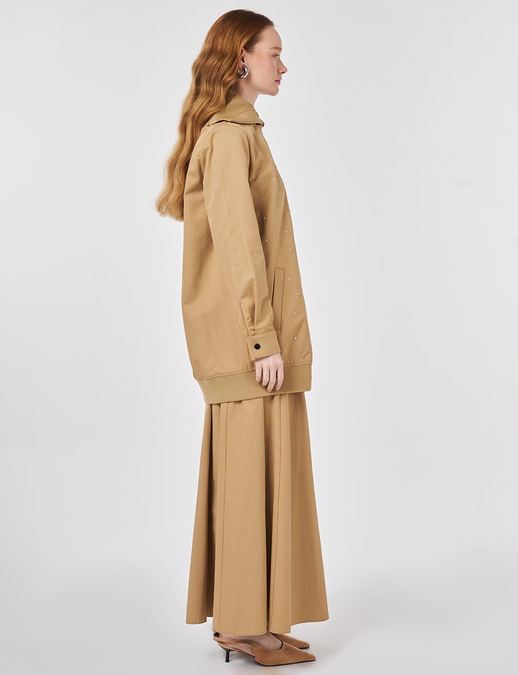 Wide Neck Hotfix Print Jacket Beige