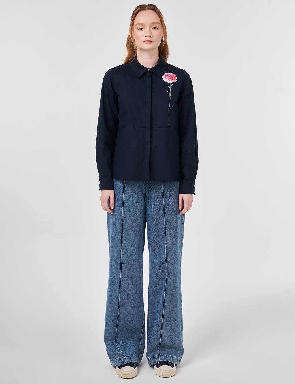 Floral Print Detail Cotton Blouse Dark Navy 