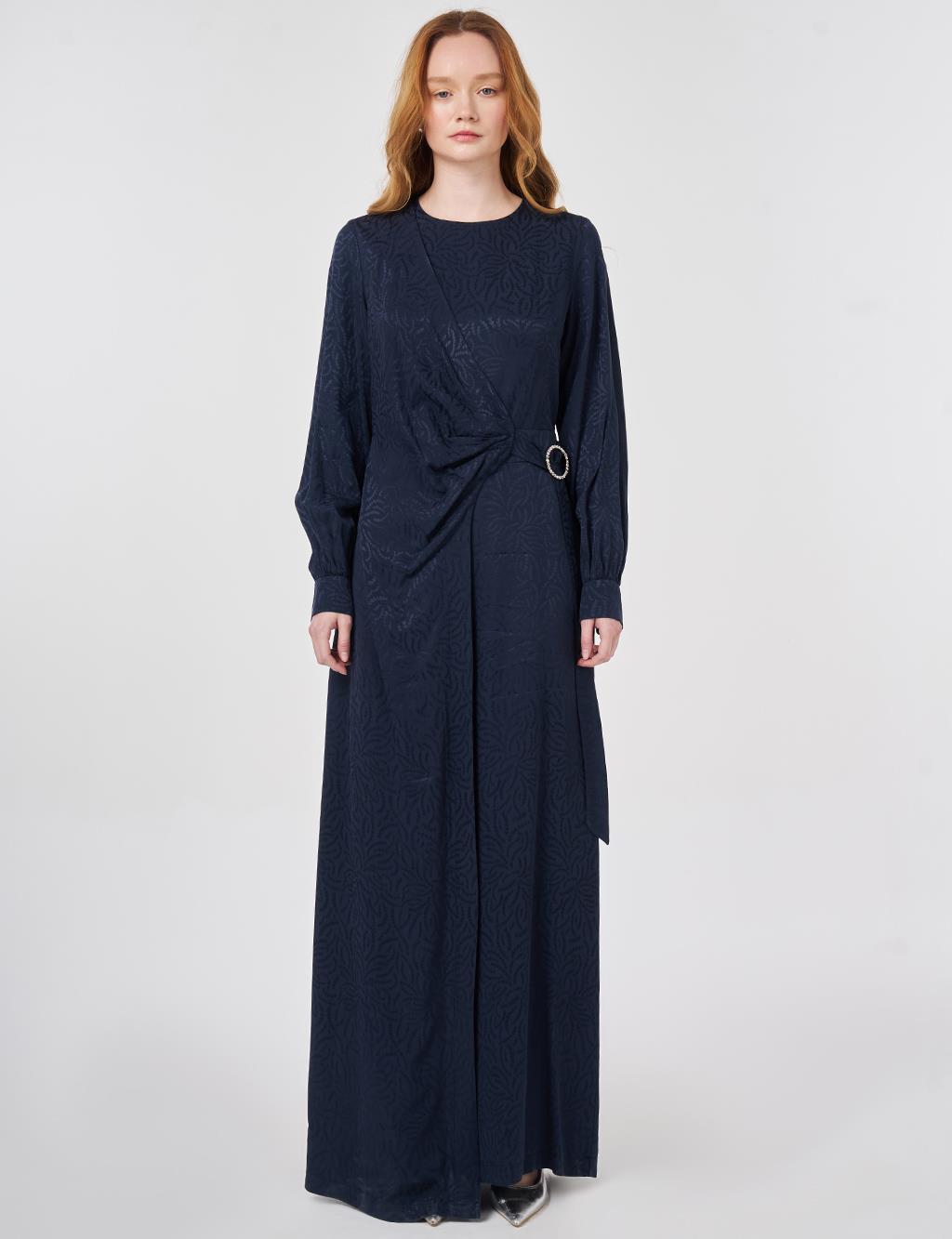 Buckle Detailed Jacquard Viscose Jumpsuit Dark Navy