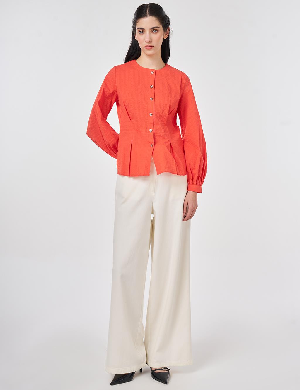 100% Cotton Pleated Detail Blouse Coral