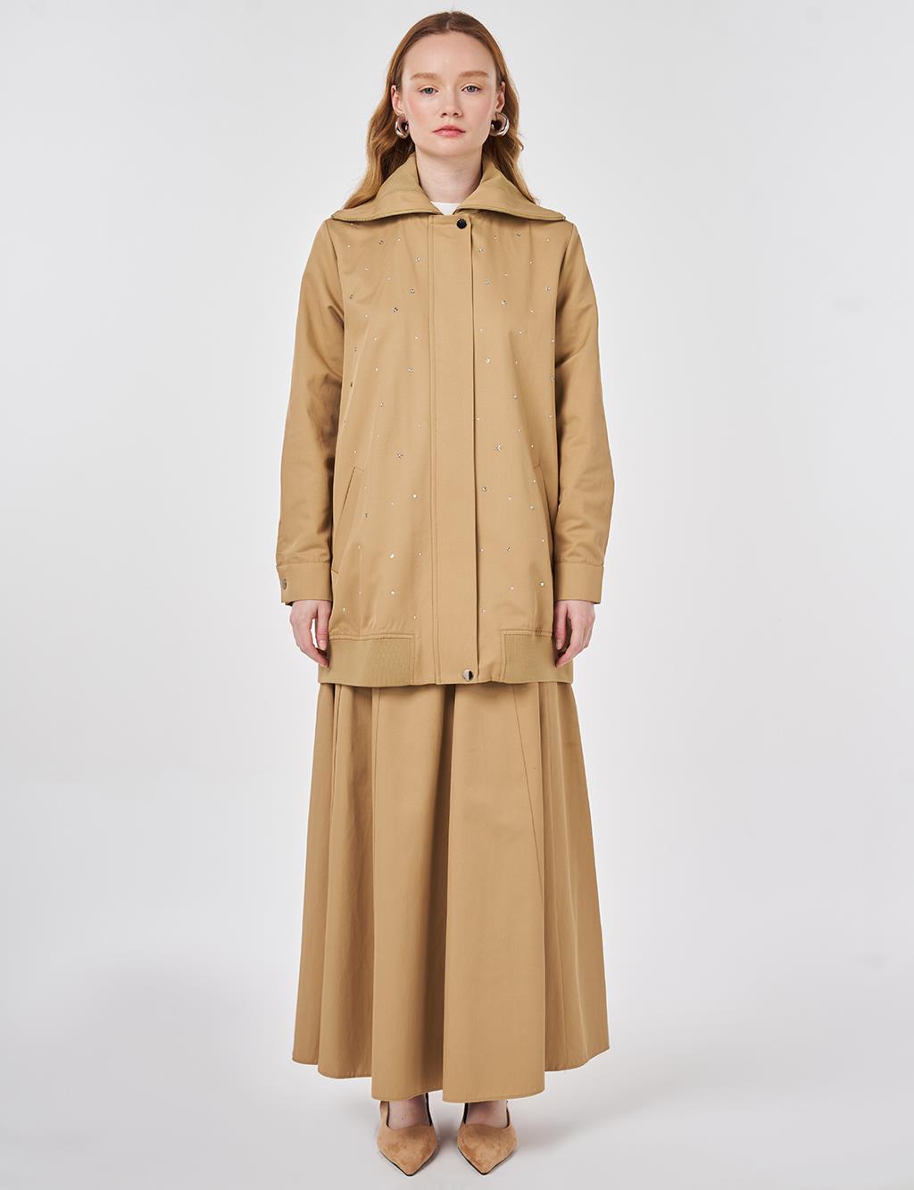 Wide Neck Hotfix Print Jacket Beige