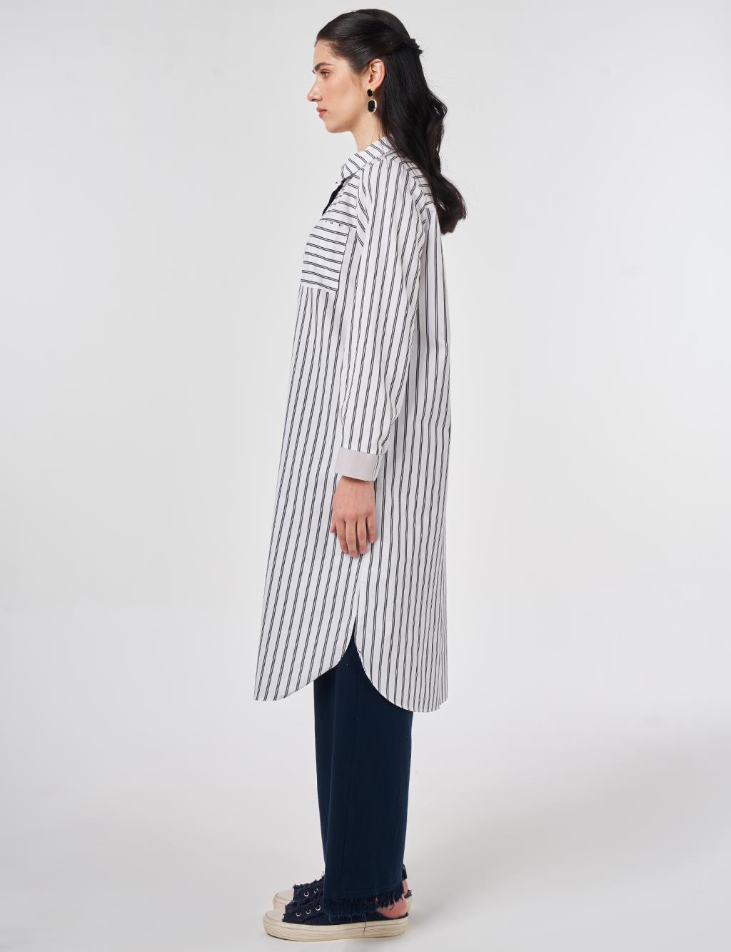 Çizgi Desen Pamuklu Uzun Tunik Siyah