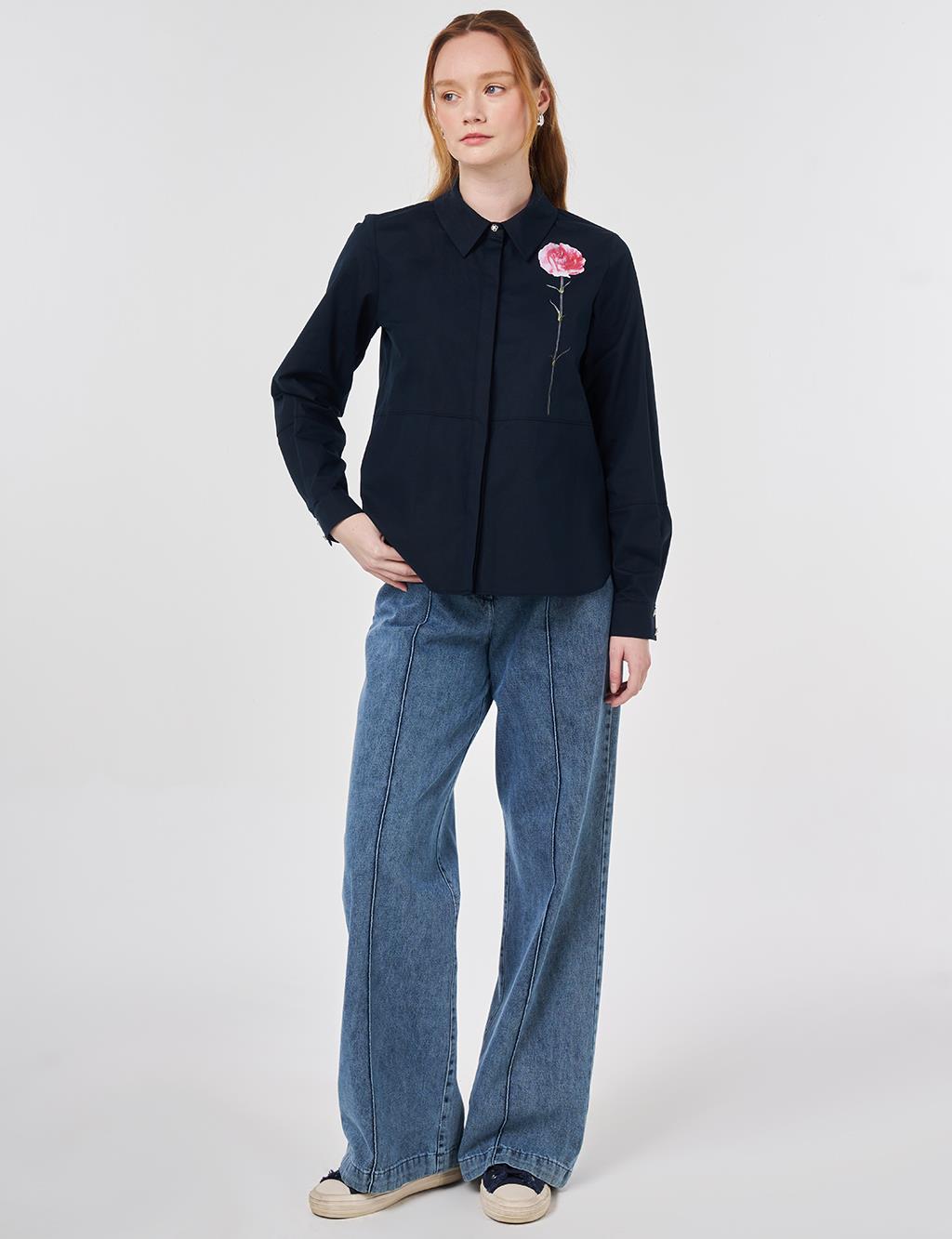 Floral Print Detail Cotton Blouse Dark Navy 