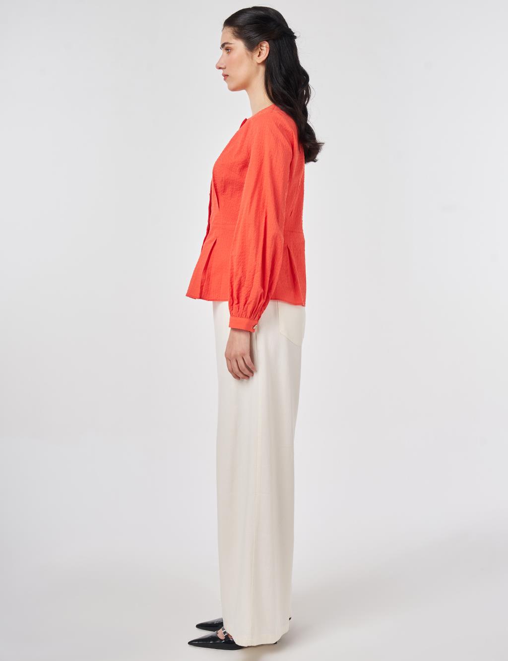 100% Cotton Pleated Detail Blouse Coral
