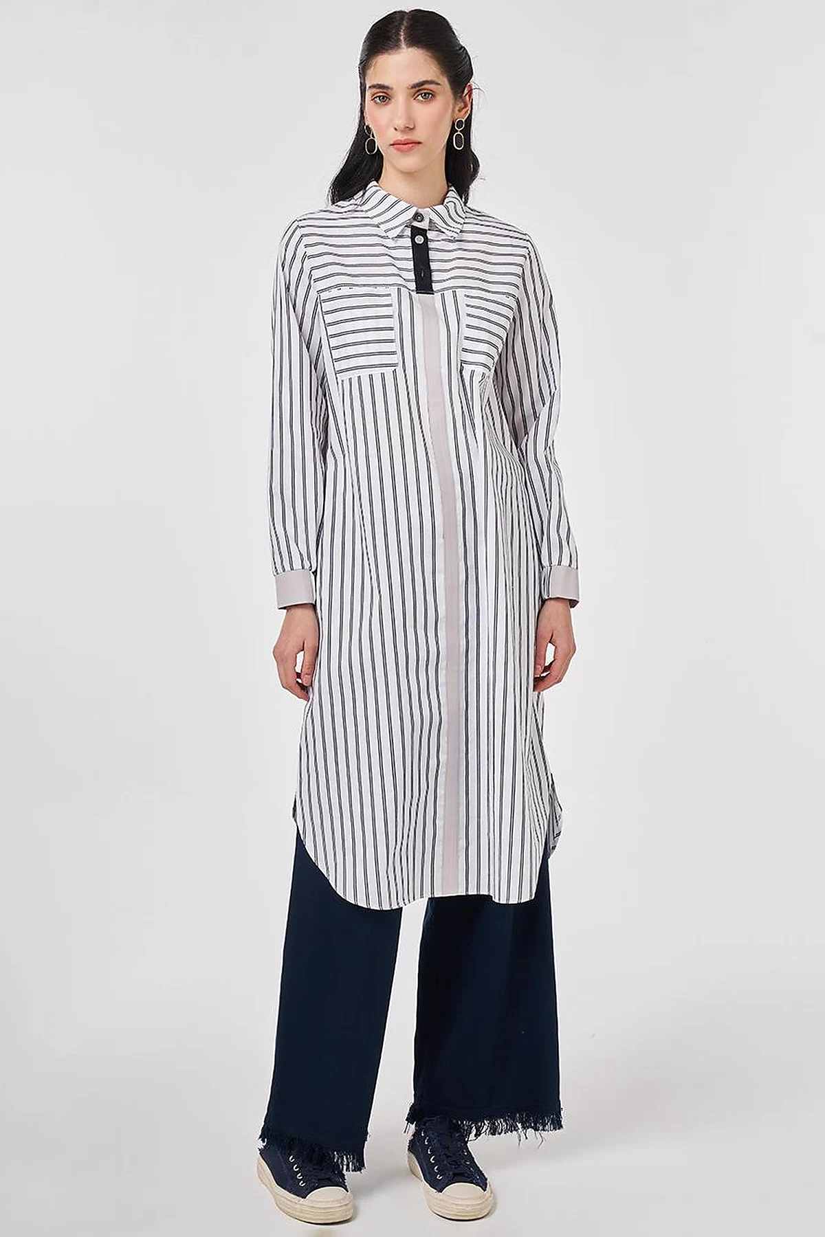 Striped Cotton Long Tunic Black