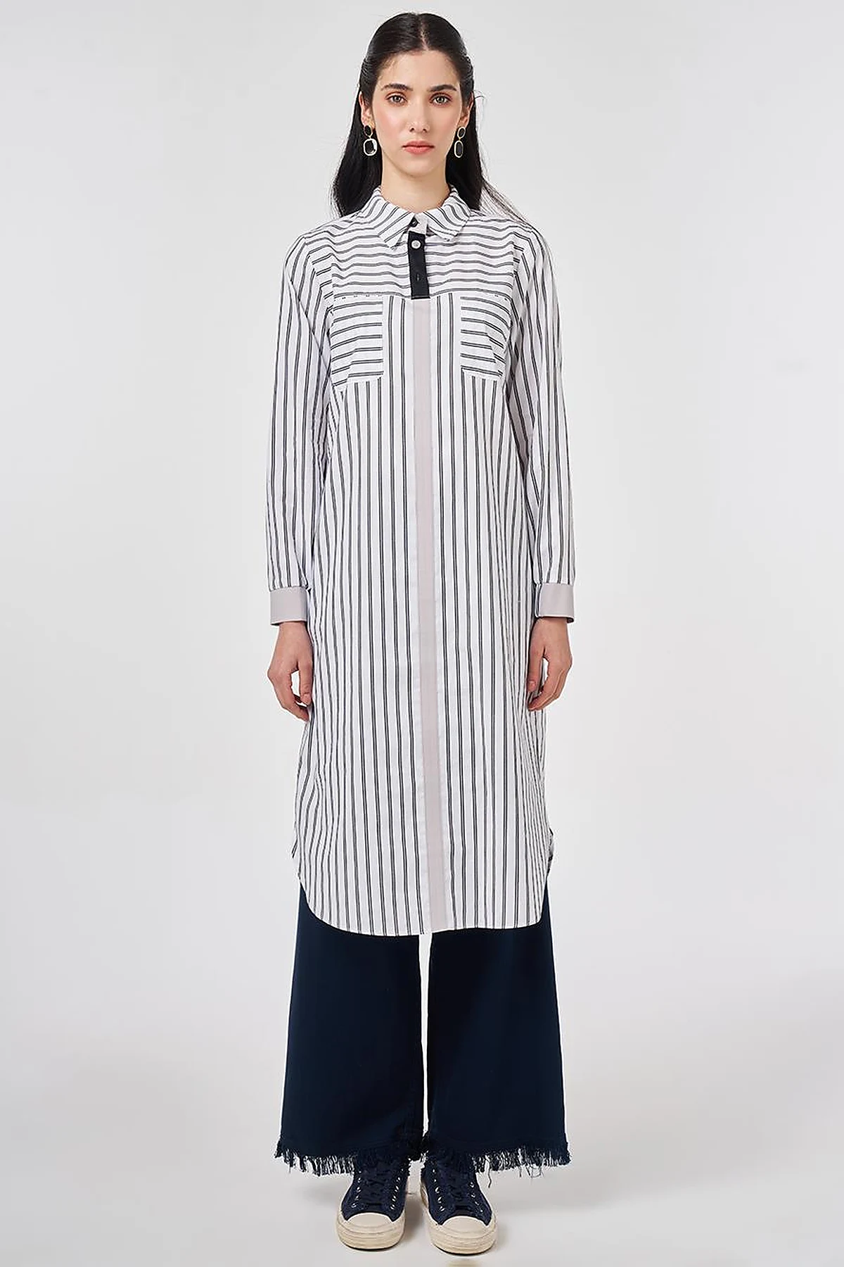 Striped Cotton Long Tunic Black