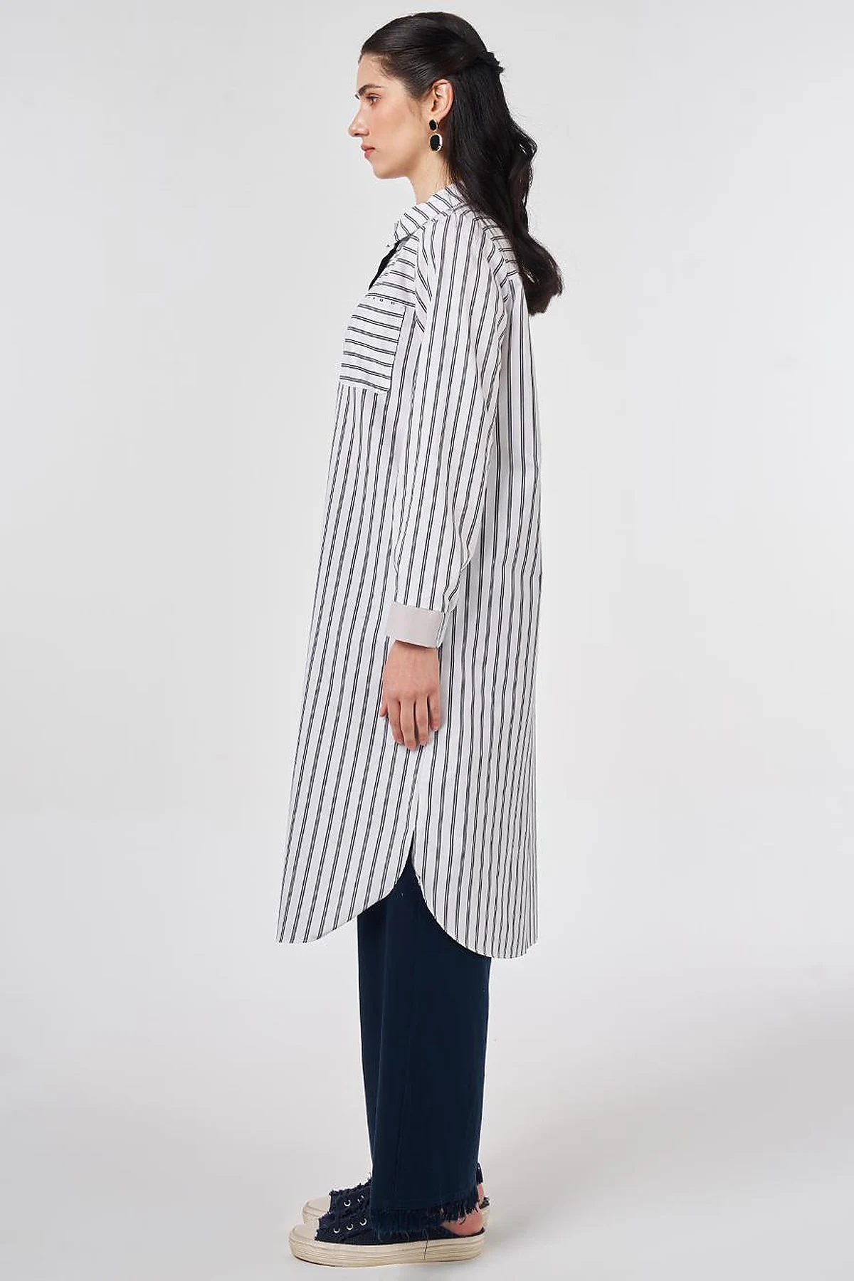Striped Cotton Long Tunic Black