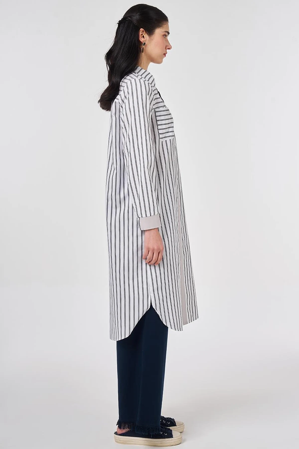 Striped Cotton Long Tunic Black