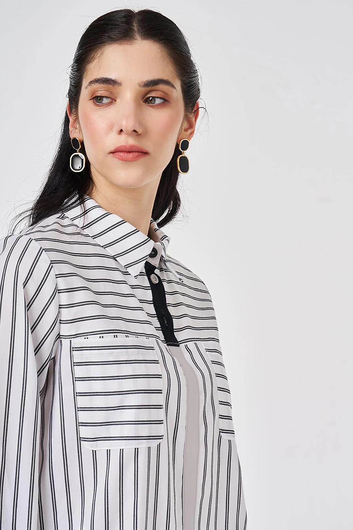 Striped Cotton Long Tunic Black