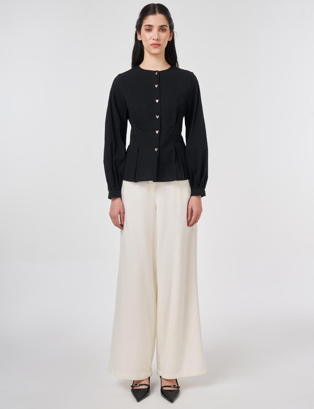 %100 Pamuklu Pile Detaylı Bluz Siyah