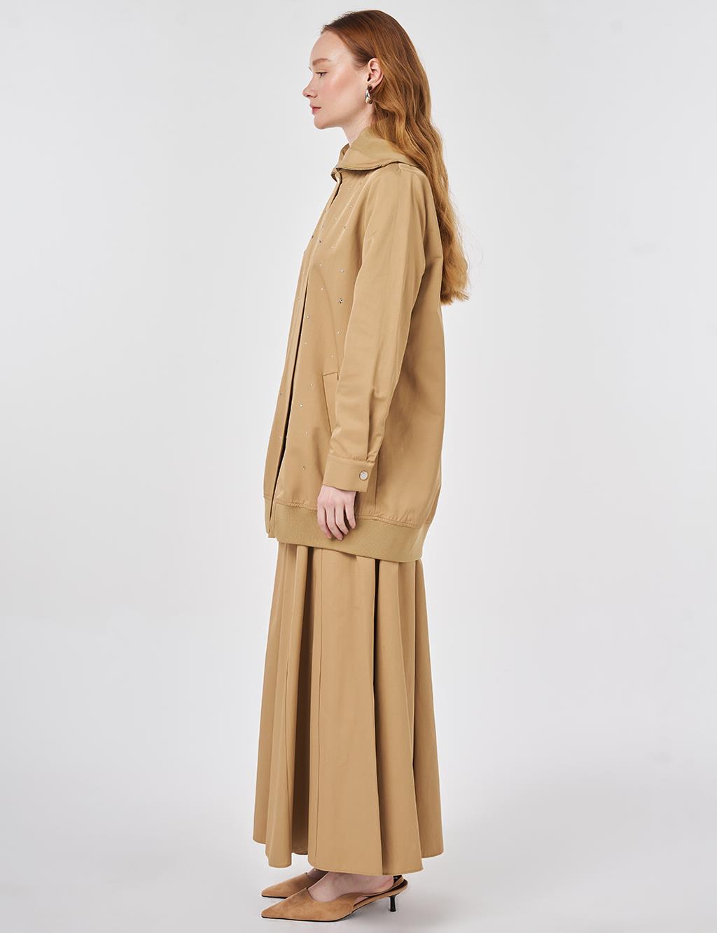 Wide Neck Hotfix Print Jacket Beige