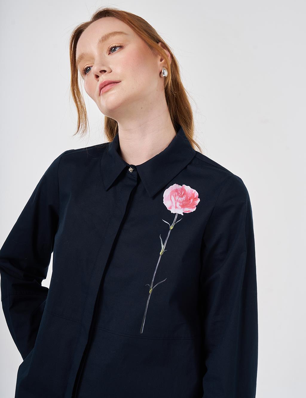 Floral Print Detail Cotton Blouse Dark Navy 