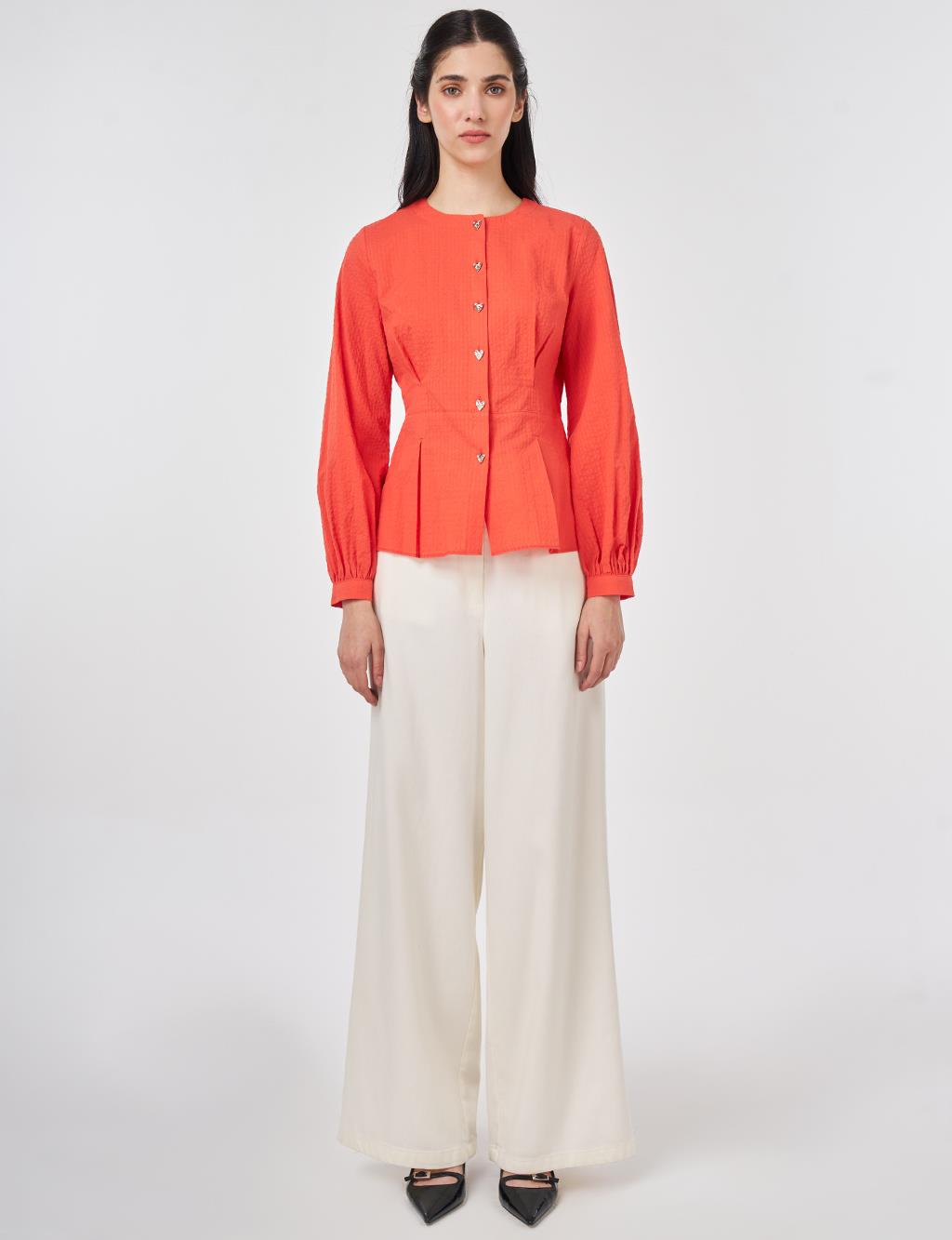 100% Cotton Pleated Detail Blouse Coral