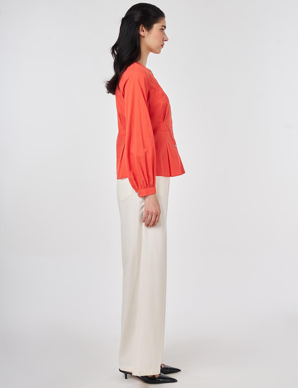 100% Cotton Pleated Detail Blouse Coral