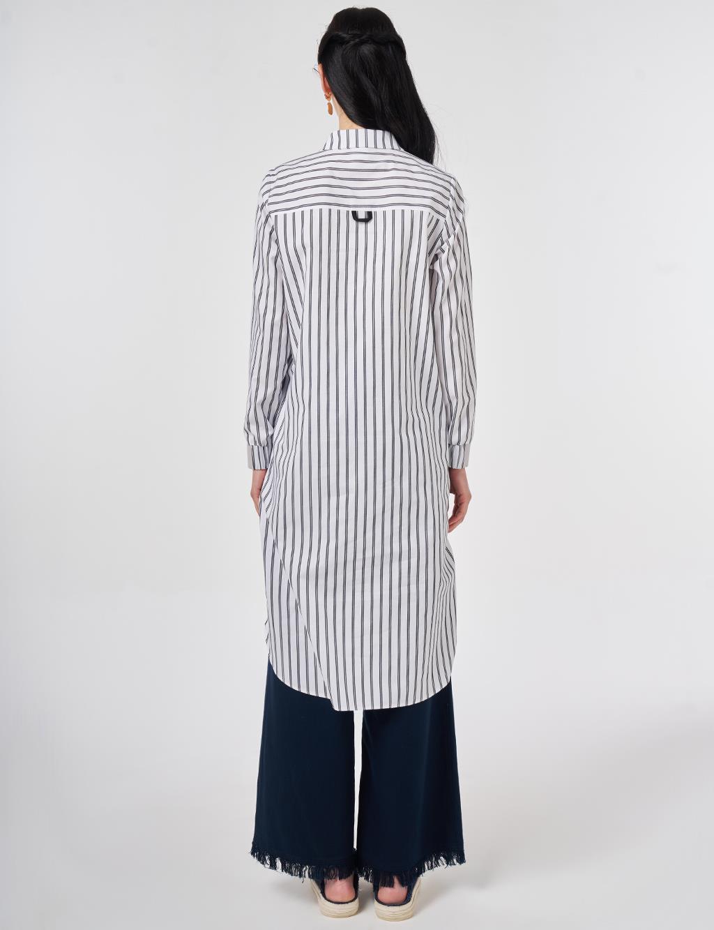 Çizgi Desen Pamuklu Uzun Tunik Siyah