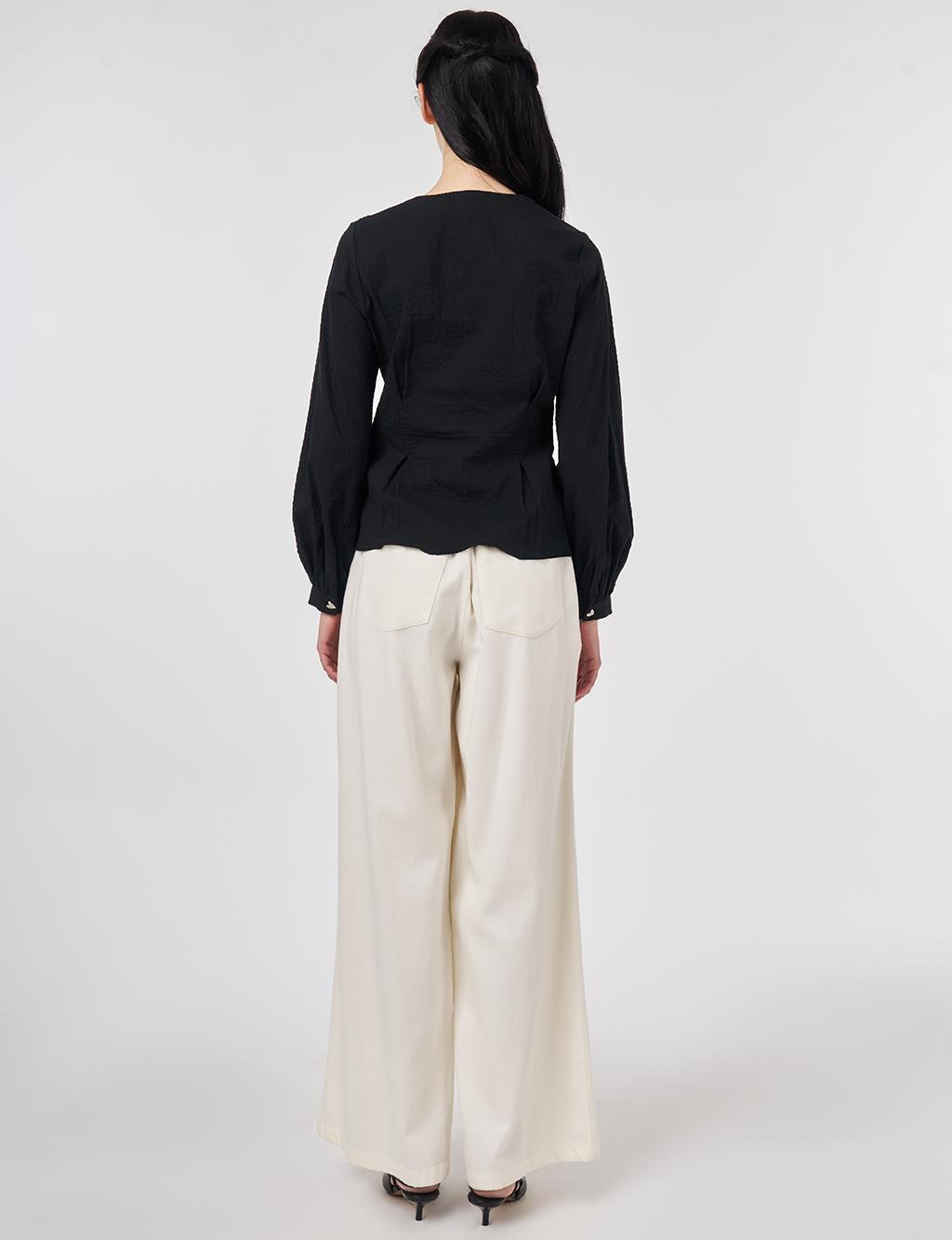 %100 Pamuklu Pile Detaylı Bluz Siyah