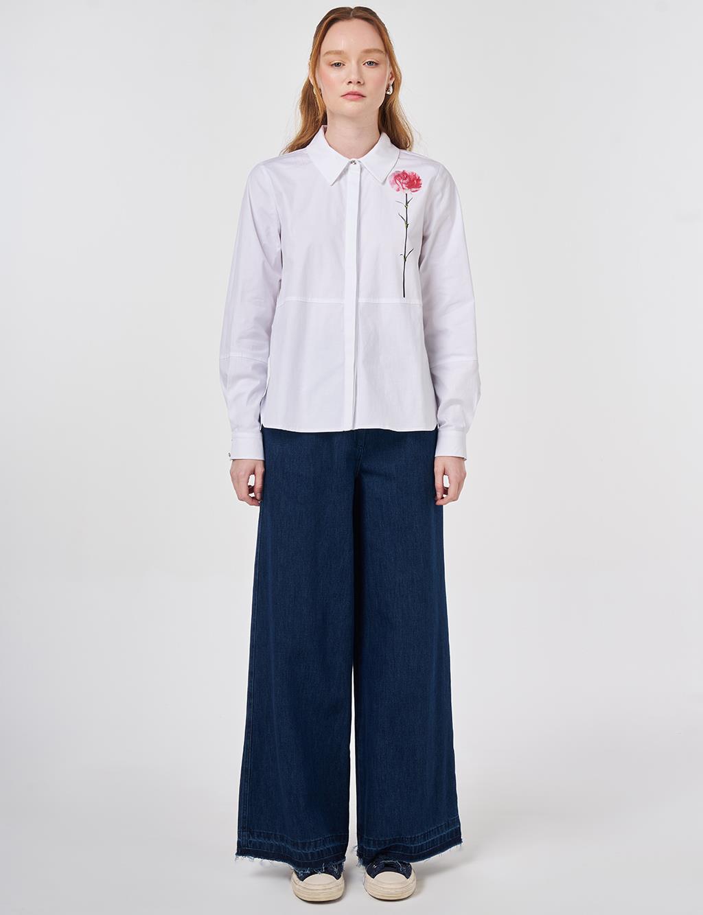 Floral Print Detail Cotton Blouse Optical White 