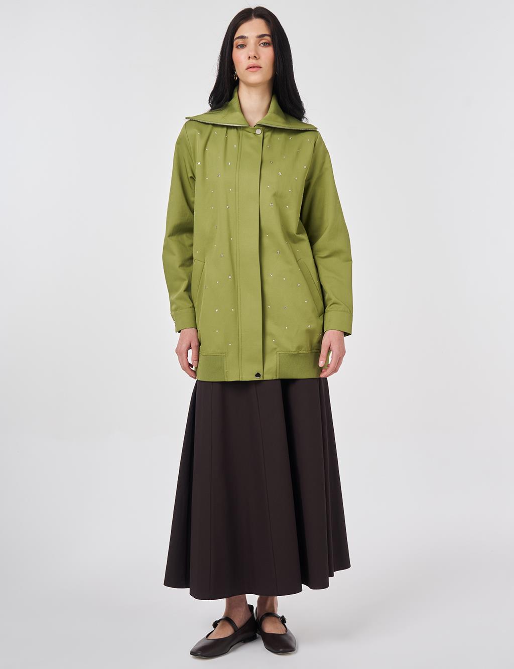 Wide Neck Hotfix Print Jacket Matcha Green