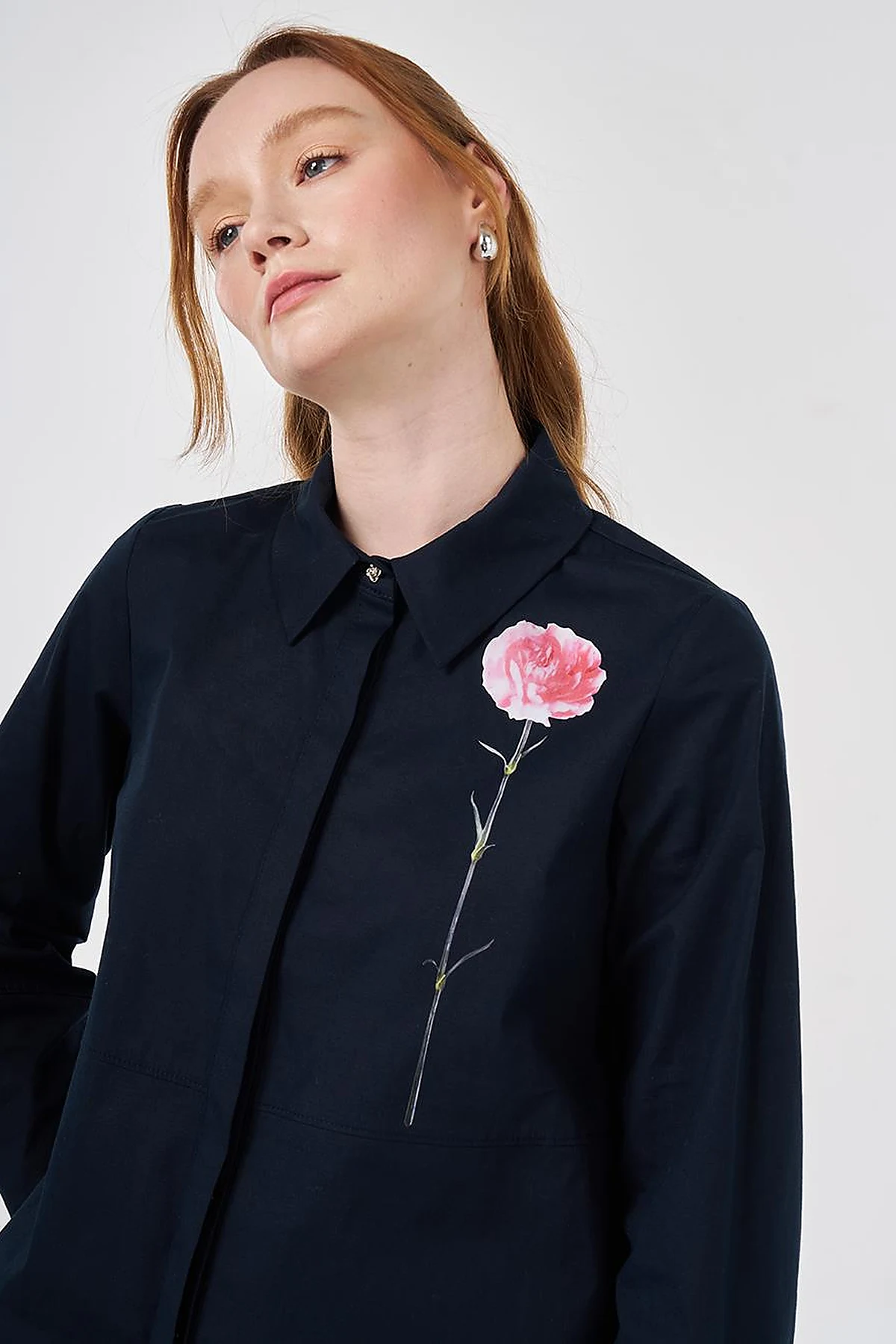 Floral Baskı Detaylı Pamuklu Bluz Koyu Lacivert