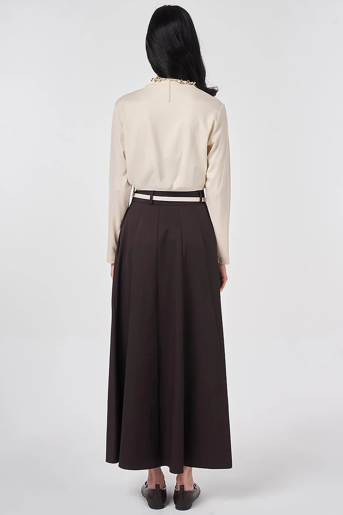 Kemer Detaylı Yüksek Bel Etek Koyu Kahve 
