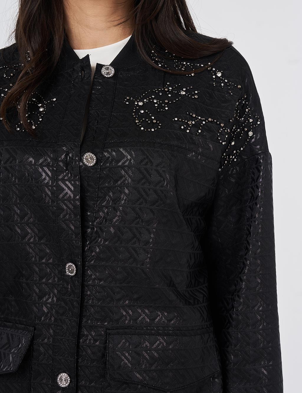 Embroidered Detail Jacquard Jacket Black