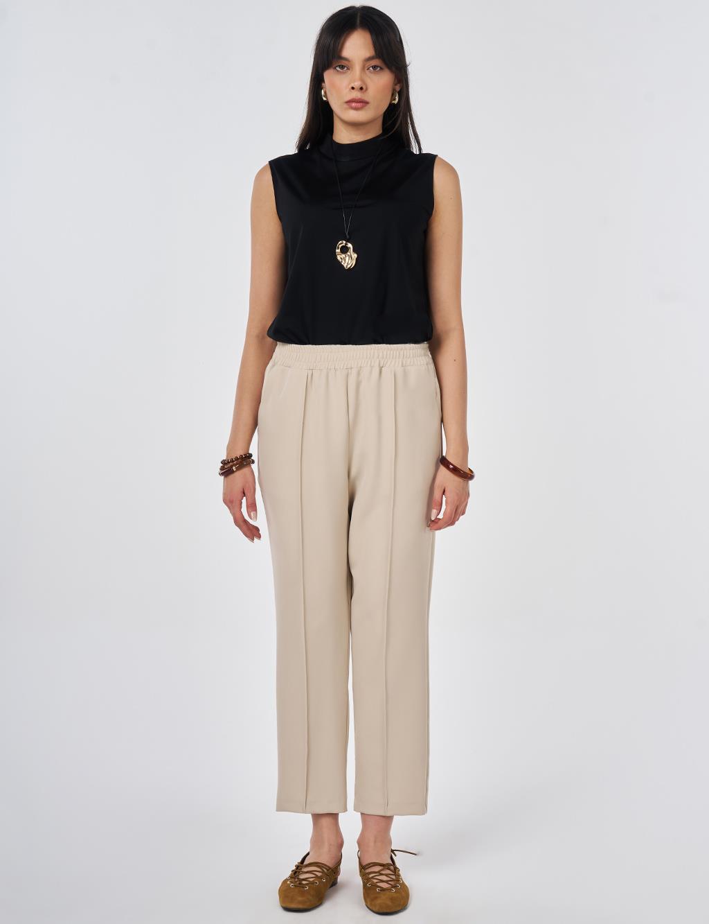 Topstitched Straight-Leg Pants Stone