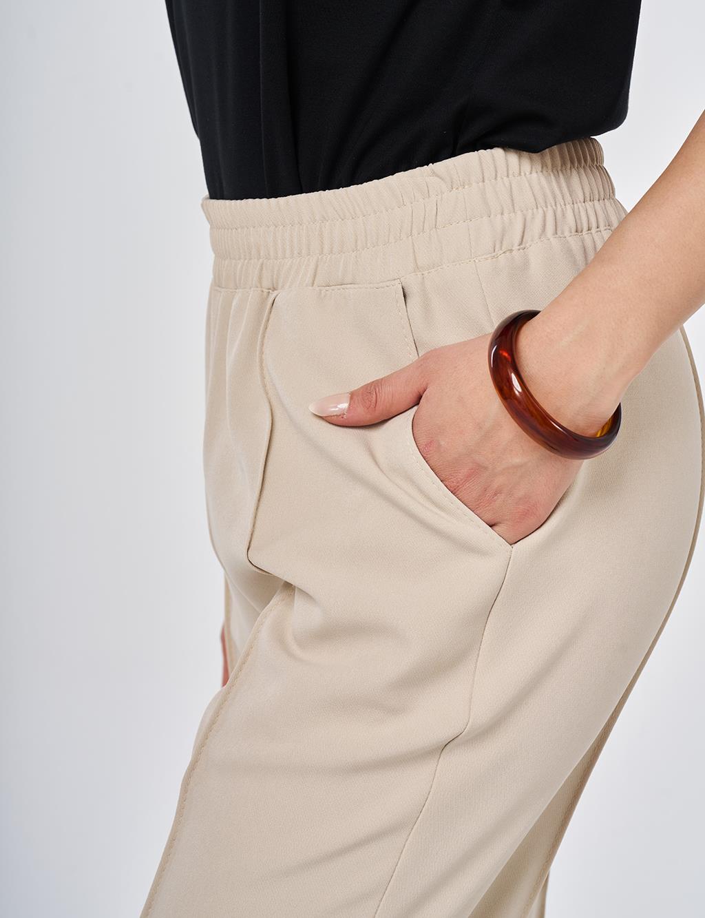 Topstitched Straight-Leg Pants Stone
