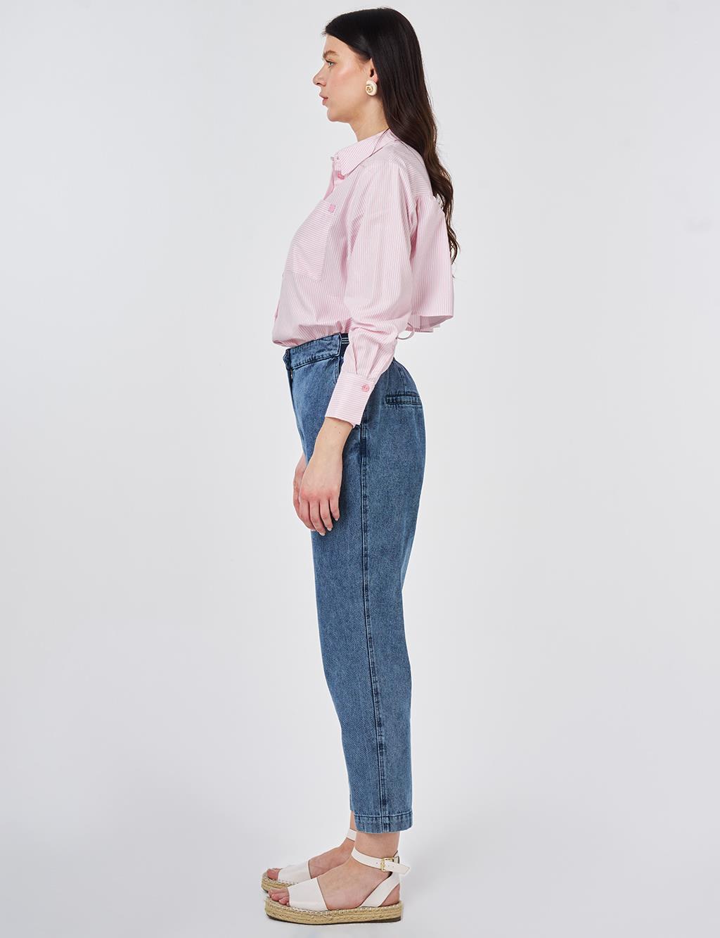 Yıkamalı Elastik Bel Havuç Kesim Denim Pantolon Mavi 