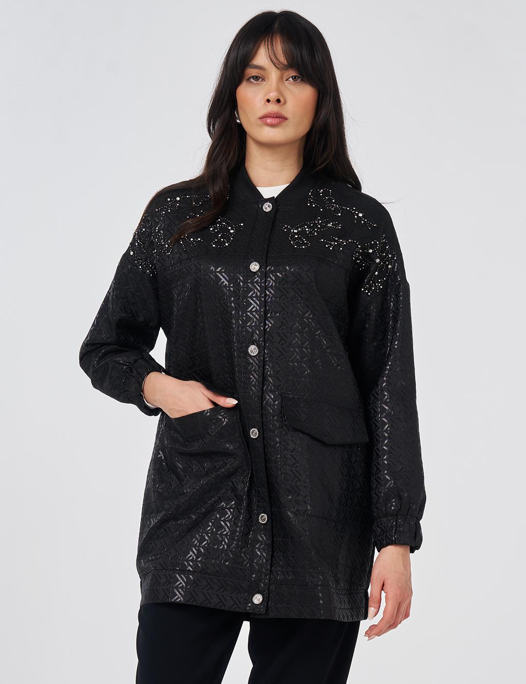 Embroidered Detail Jacquard Jacket Black