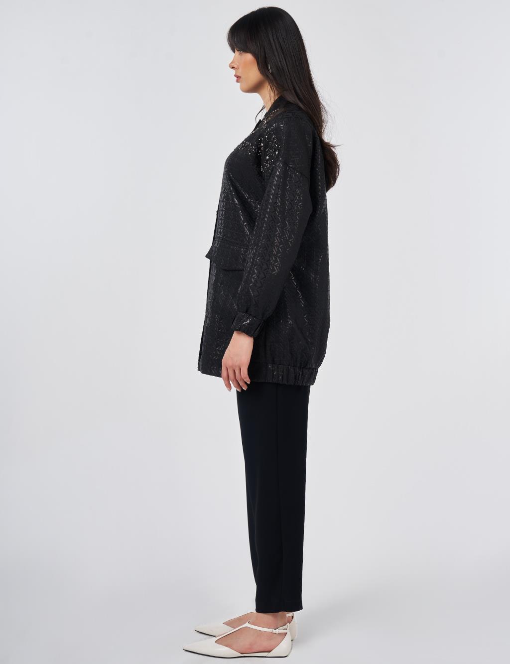 Embroidered Detail Jacquard Jacket Black
