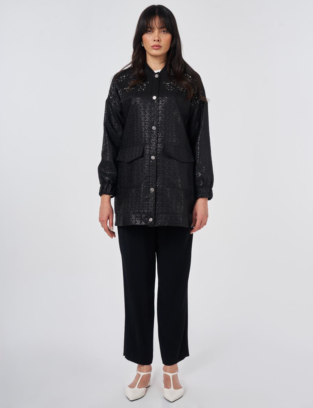 Embroidered Detail Jacquard Jacket Black