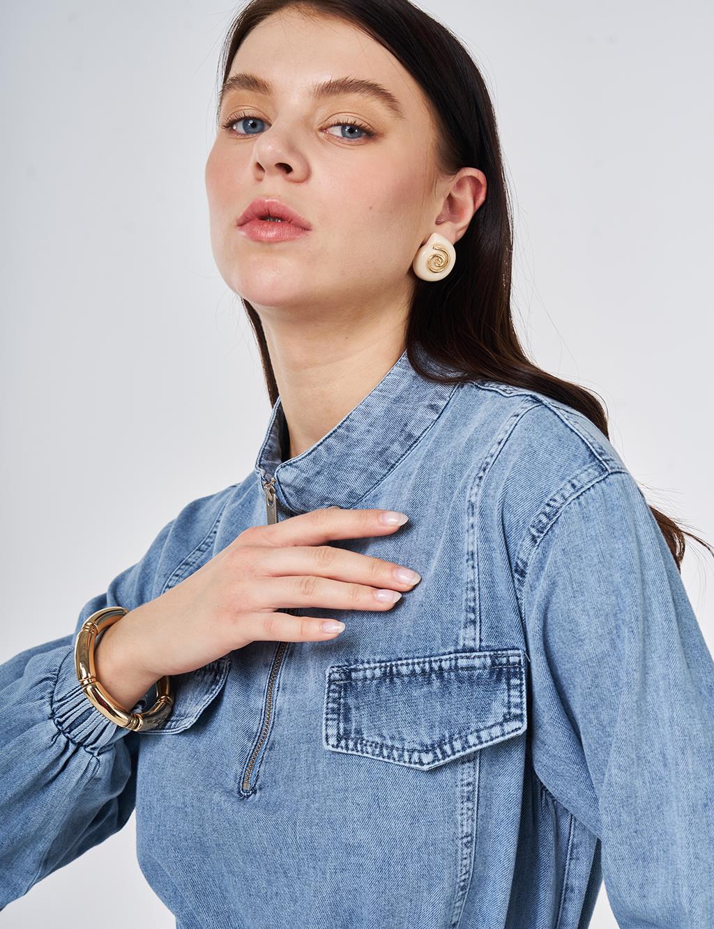 Flap-Pocket Denim Dress Towel Wash