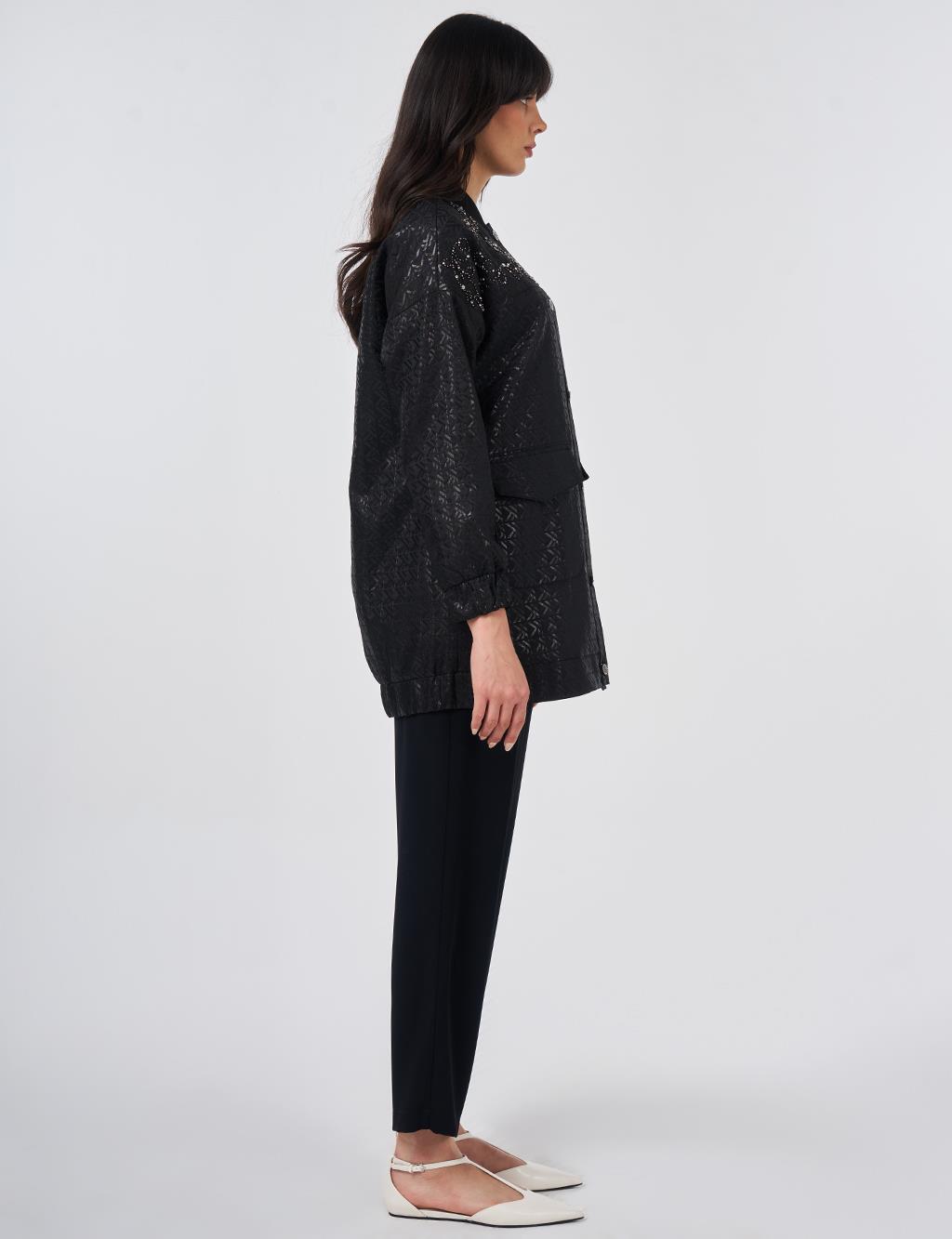 Embroidered Detail Jacquard Jacket Black