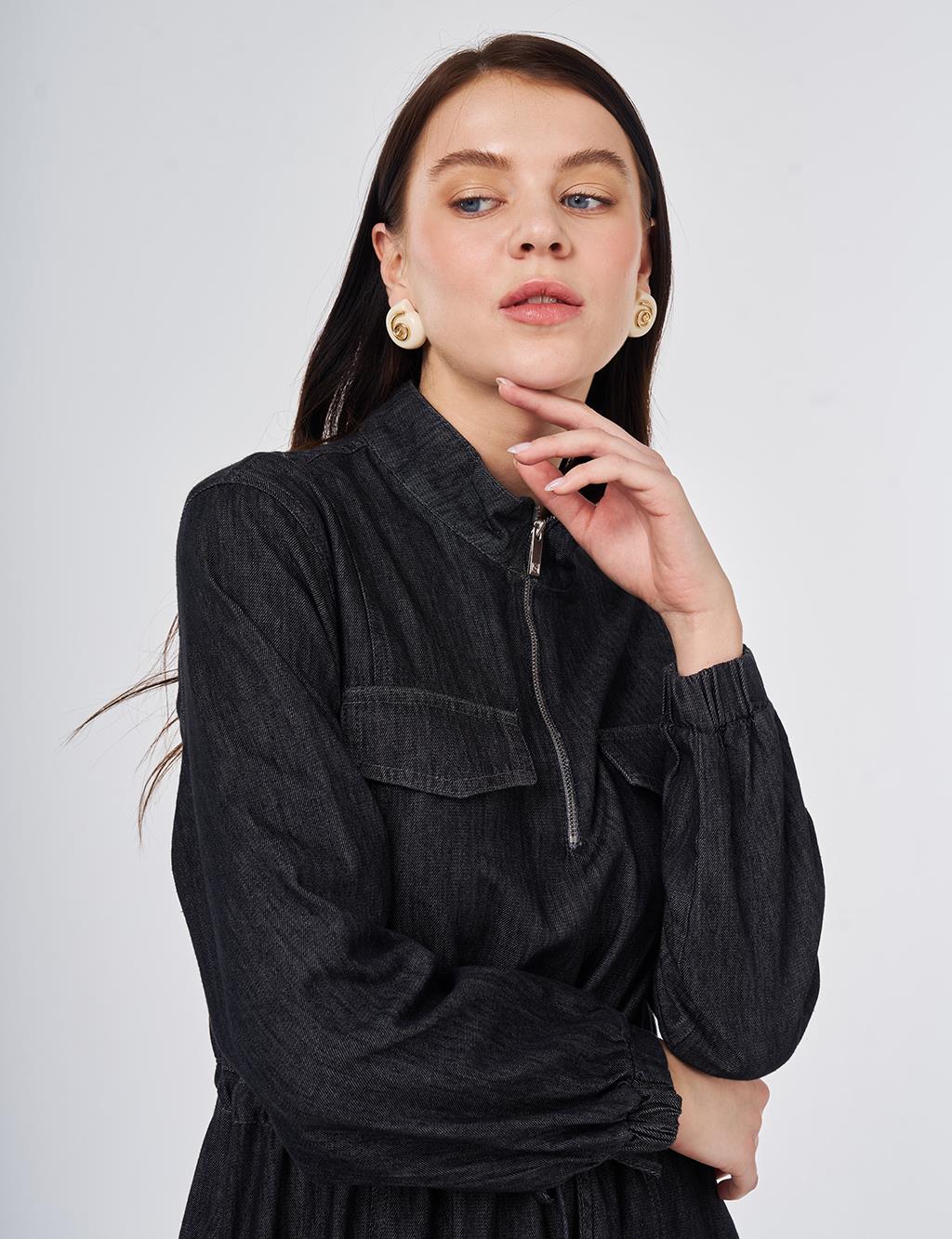 Flap-Pocket Denim Dress Anthracite